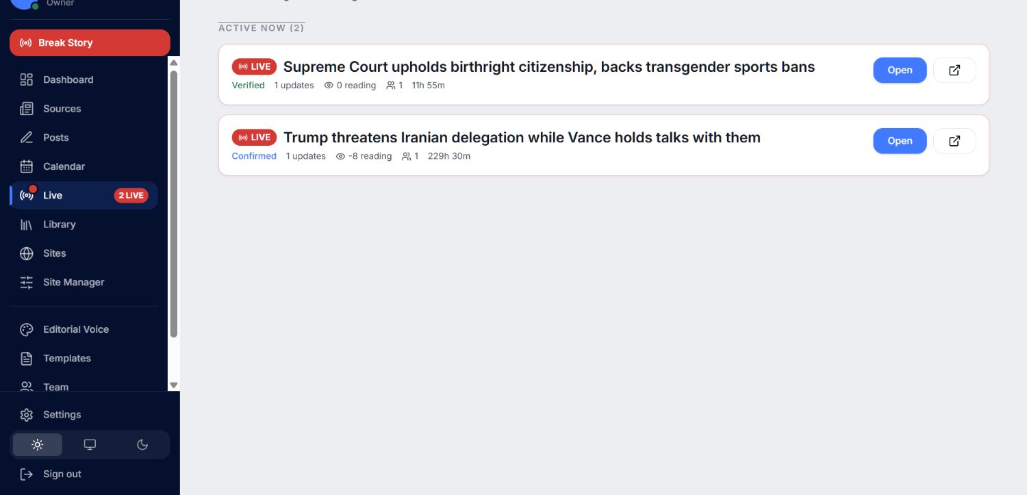 PublishDesk Live Coverage — two active breaking stories with verified and confirmed confidence tags