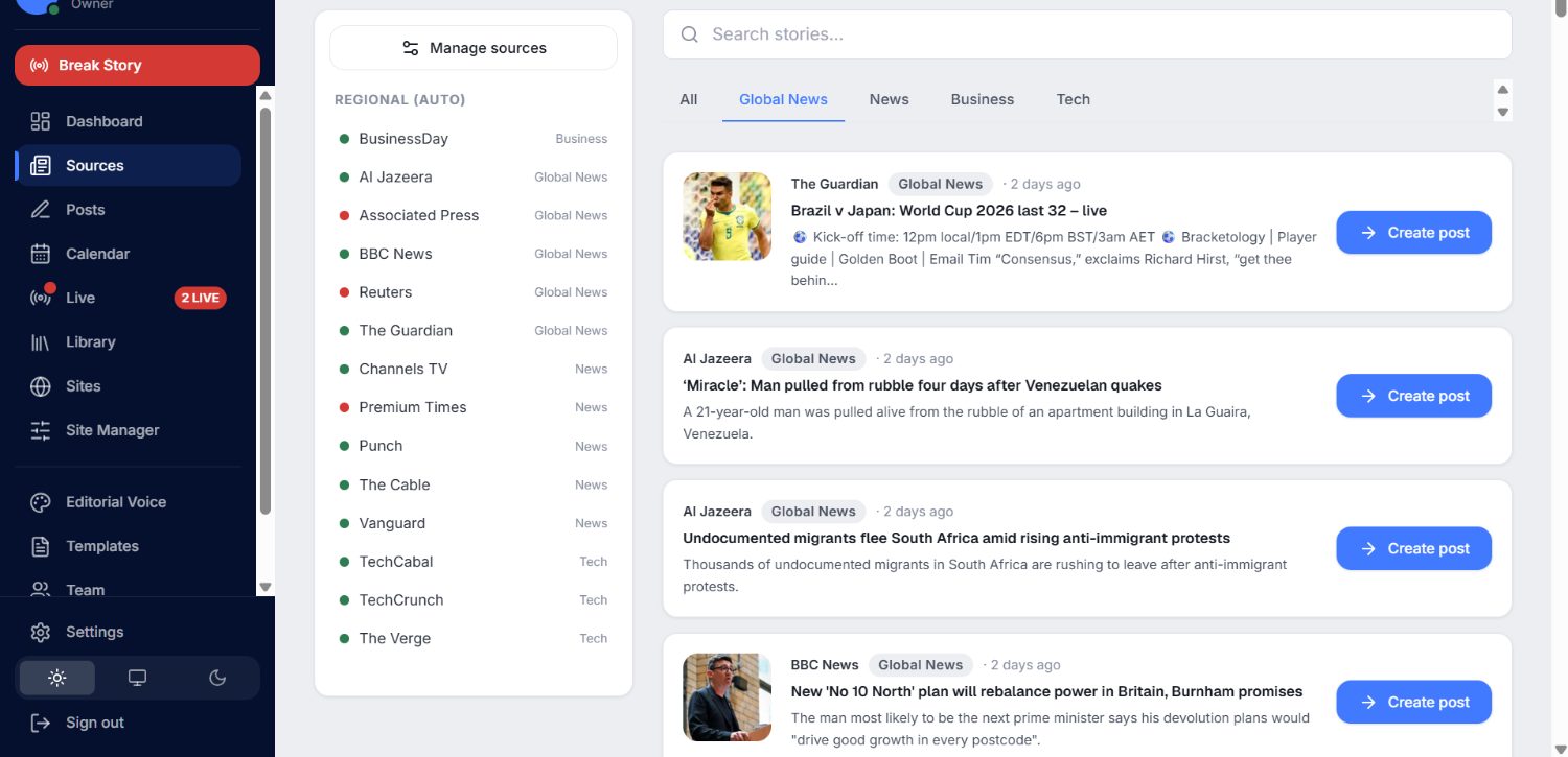 Sources — regional and global feeds with one-click Create post