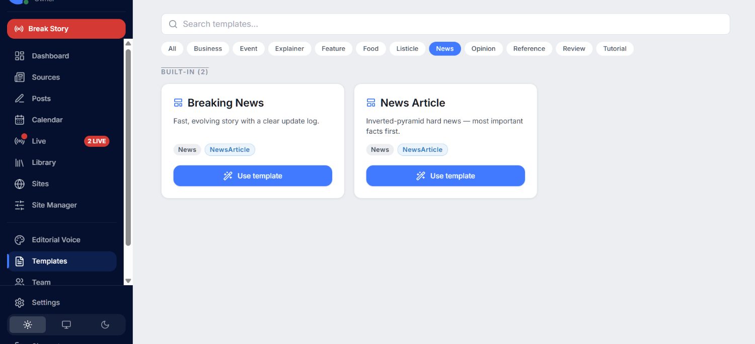 Templates — categorized production templates like Breaking News and News Article